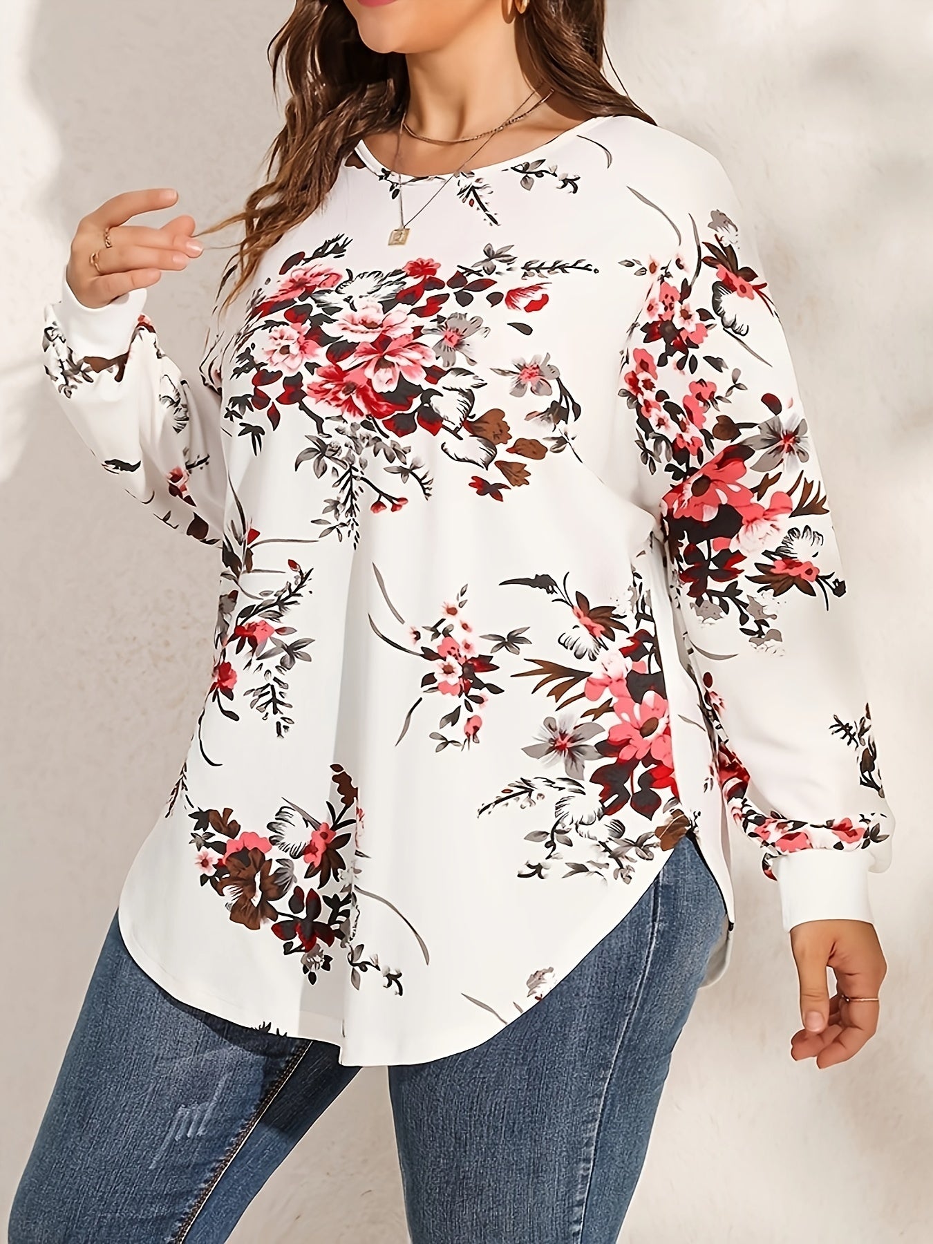 Floral Print Long Sleeve Tunic Shirt