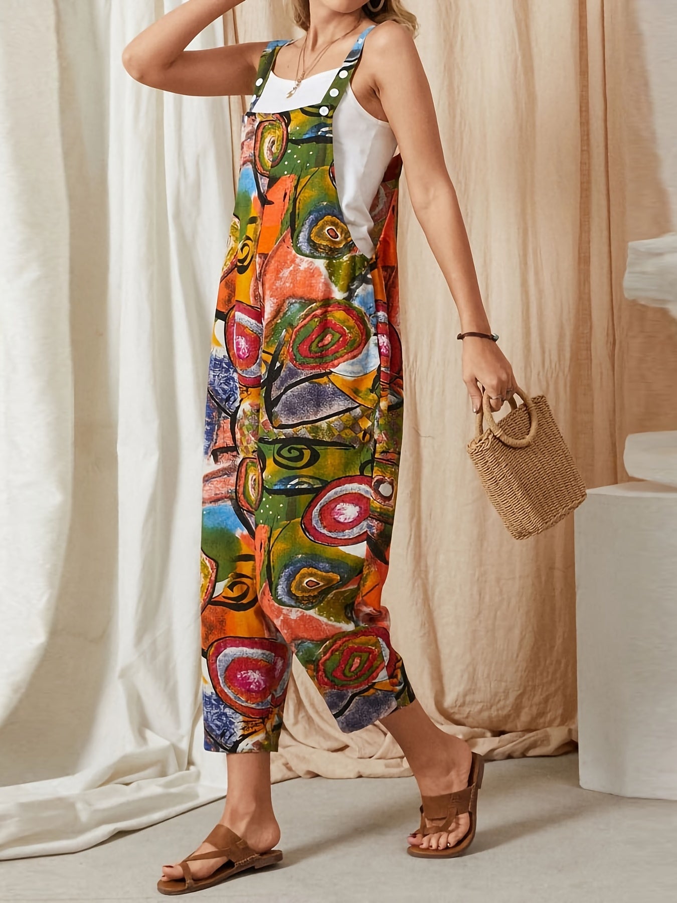 Abstract Print Button Jumpsuit for Women