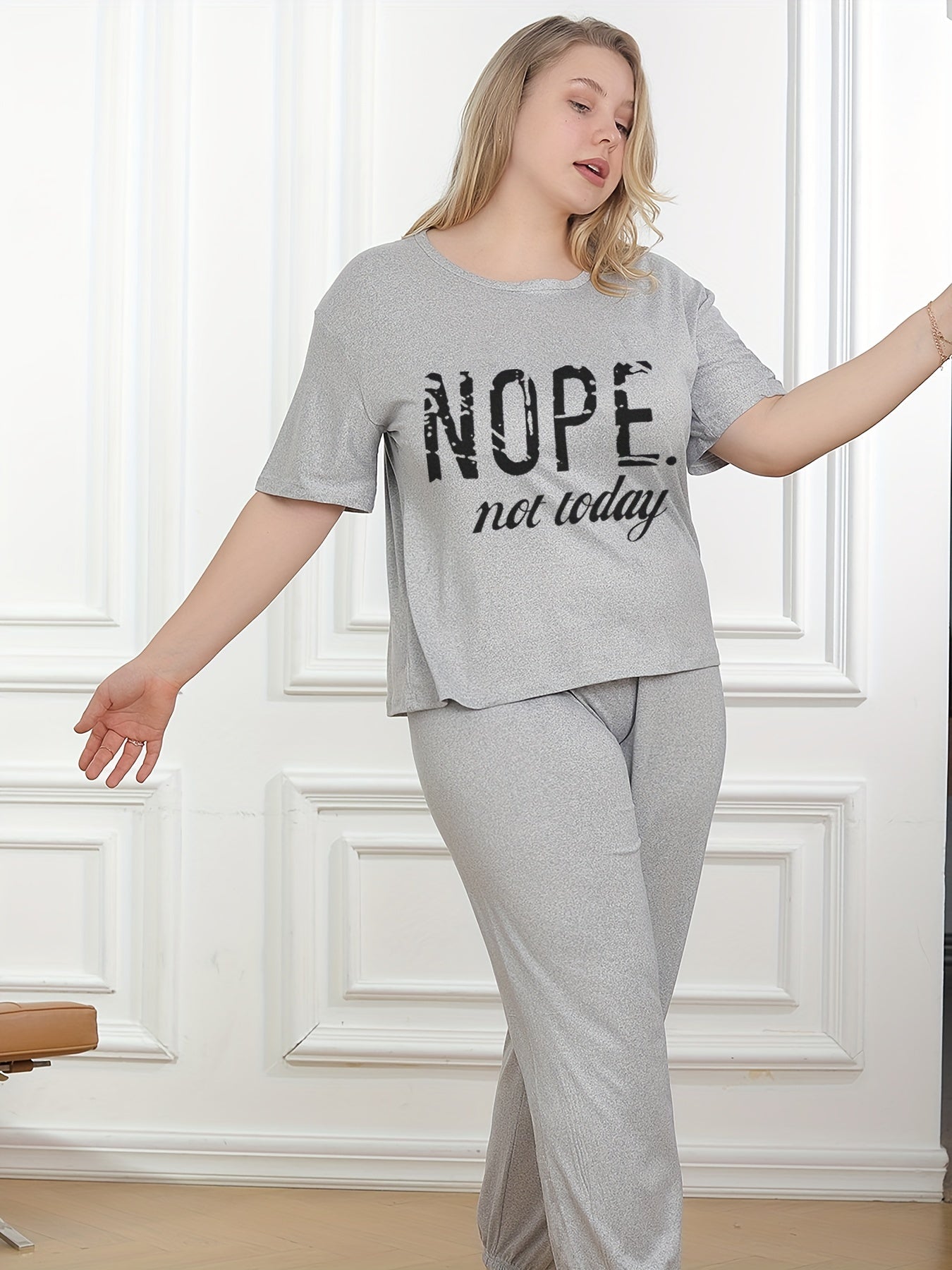 Slogan Print Pajama Set - T Shirt & Joggers Home Wear