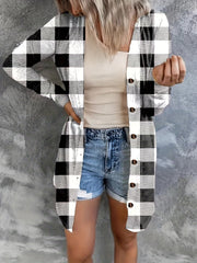  Gingham Print Button-Up Cardigan