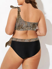 Plus Leopard Print One Shoulder Bikini Set