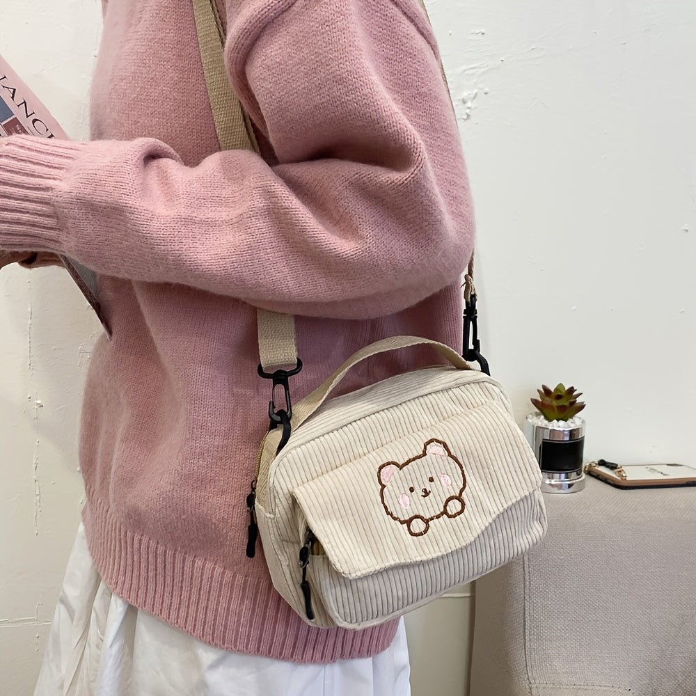 Cartoon Pattern Crossbody Bag Corduroy Shoulder Bag Women's Flap Pocket Decor