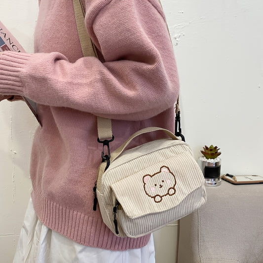 Cartoon Pattern Crossbody Bag Corduroy Shoulder Bag Women's Flap Pocket Decor
