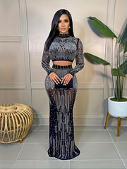 Party Rhinestone 2pc Set Bodycon Crop Top & High Waist Skirt