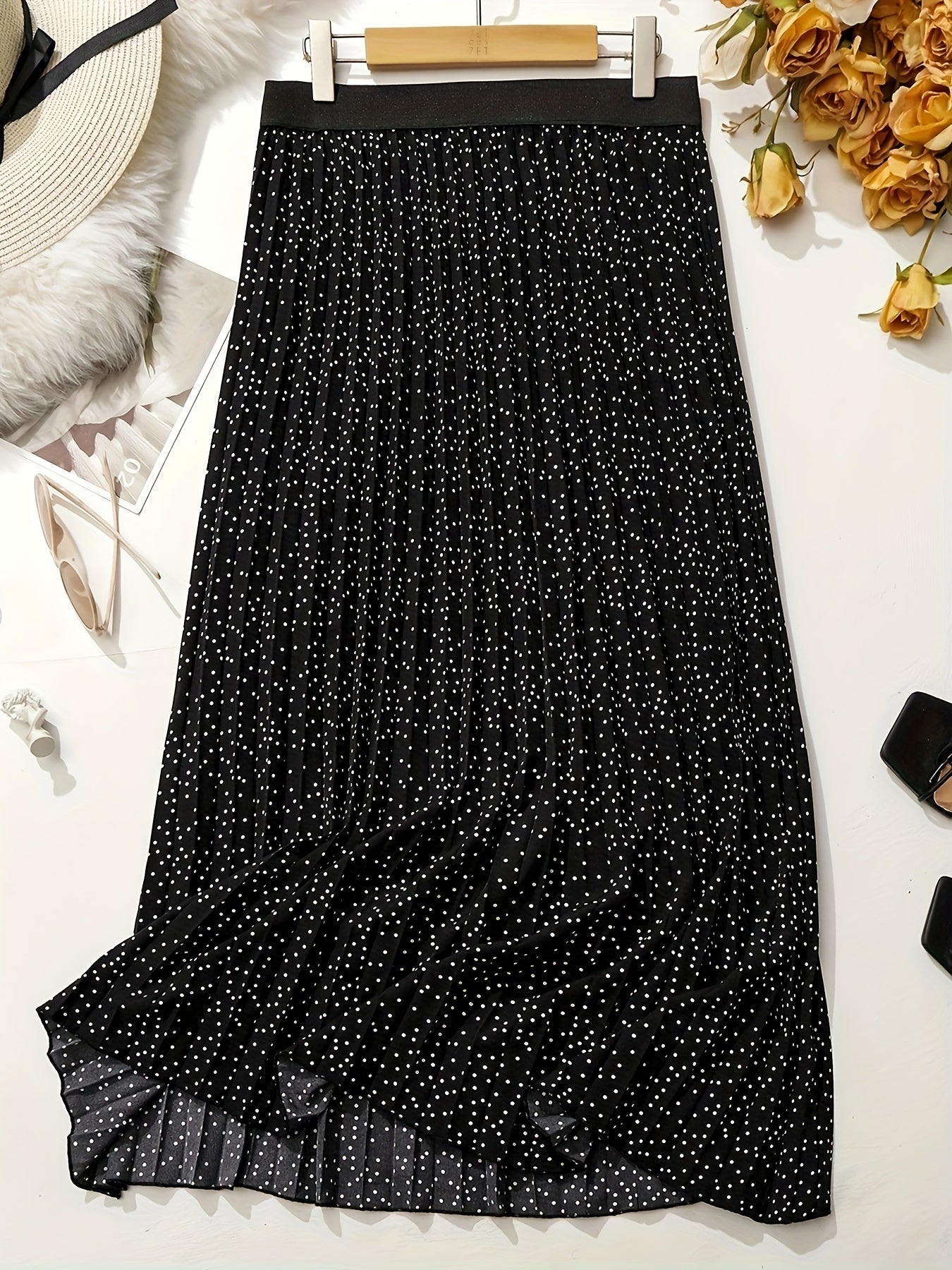  Polka Dot Print Elastic A line Pleated Skirt