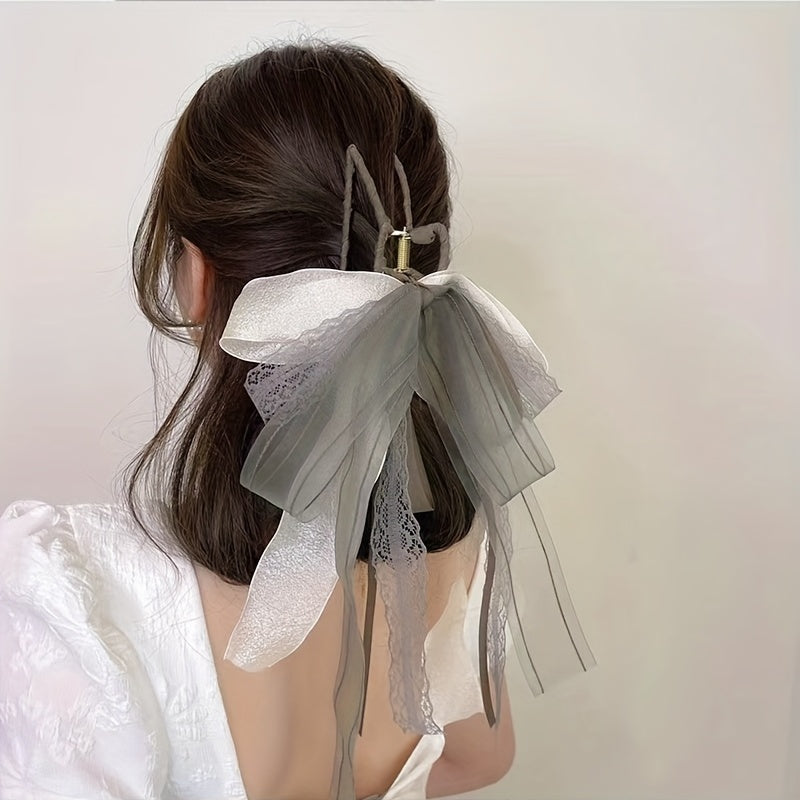 Long Ribbon Bow Hair Claw Lace Bowknot Hair Claw Nonslip Ponytail Holder