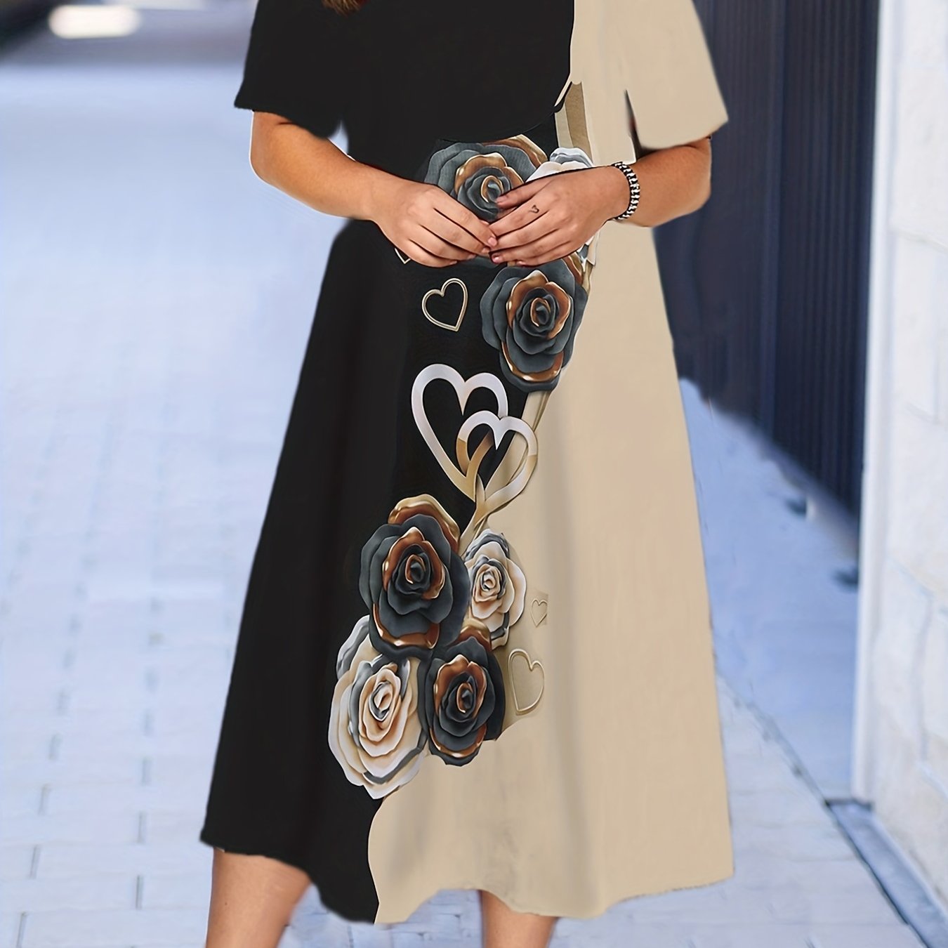  Colorblock Floral Print Short Sleeve Midi Dress