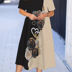  Colorblock Floral Print Short Sleeve Midi Dress