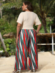  Casual Outfit: Solid Tee & Stripe High Rise Pants Set
