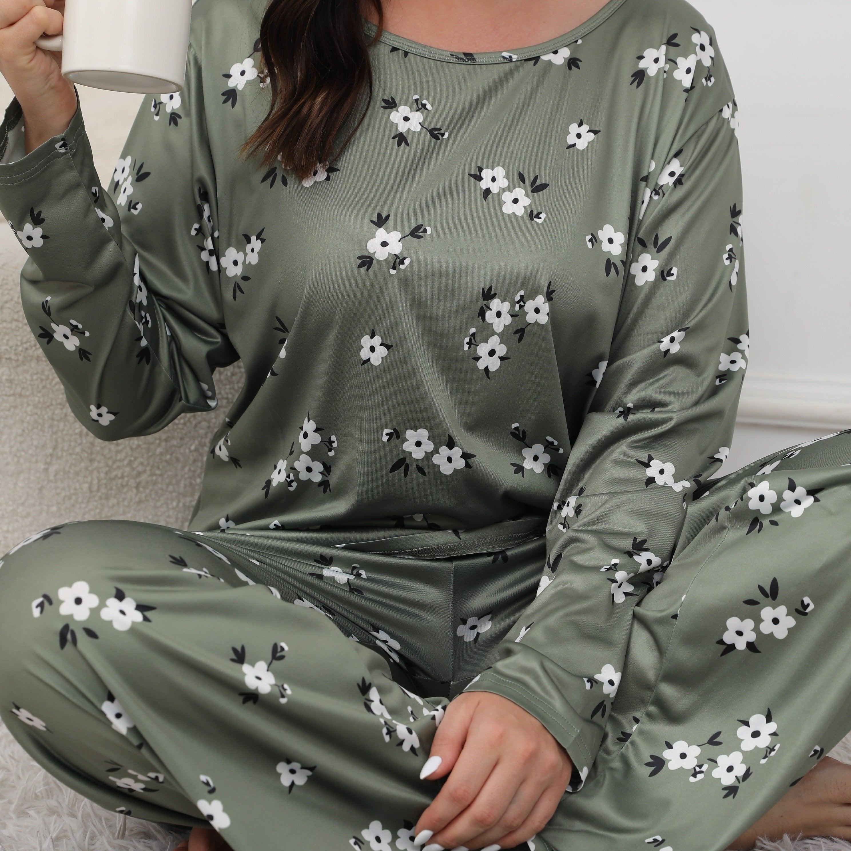  Floral Print Pajama Set Long Sleeve Tee & Pants Lounge 2 Piece