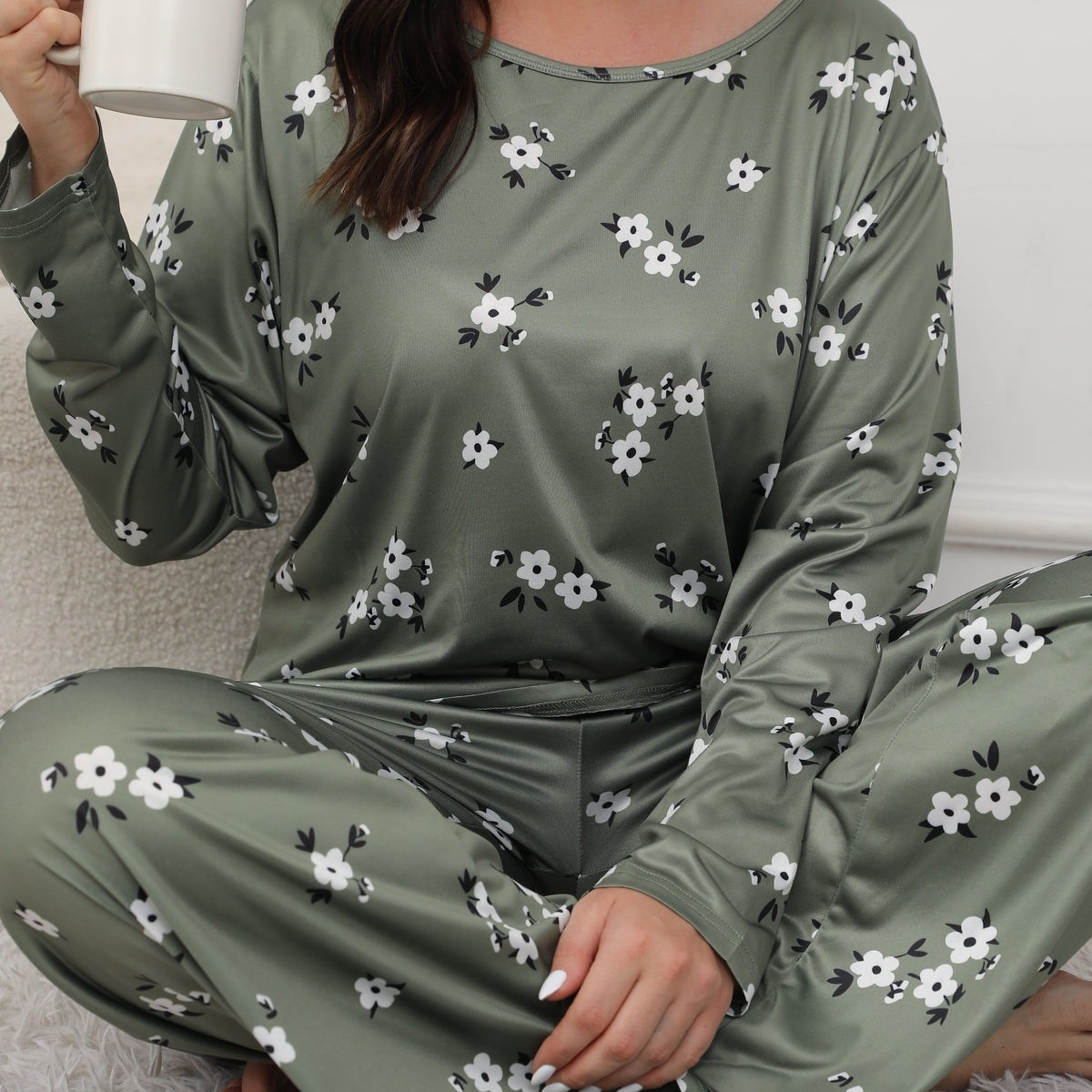  Floral Print Pajama Set Long Sleeve Tee & Pants Lounge 2 Piece