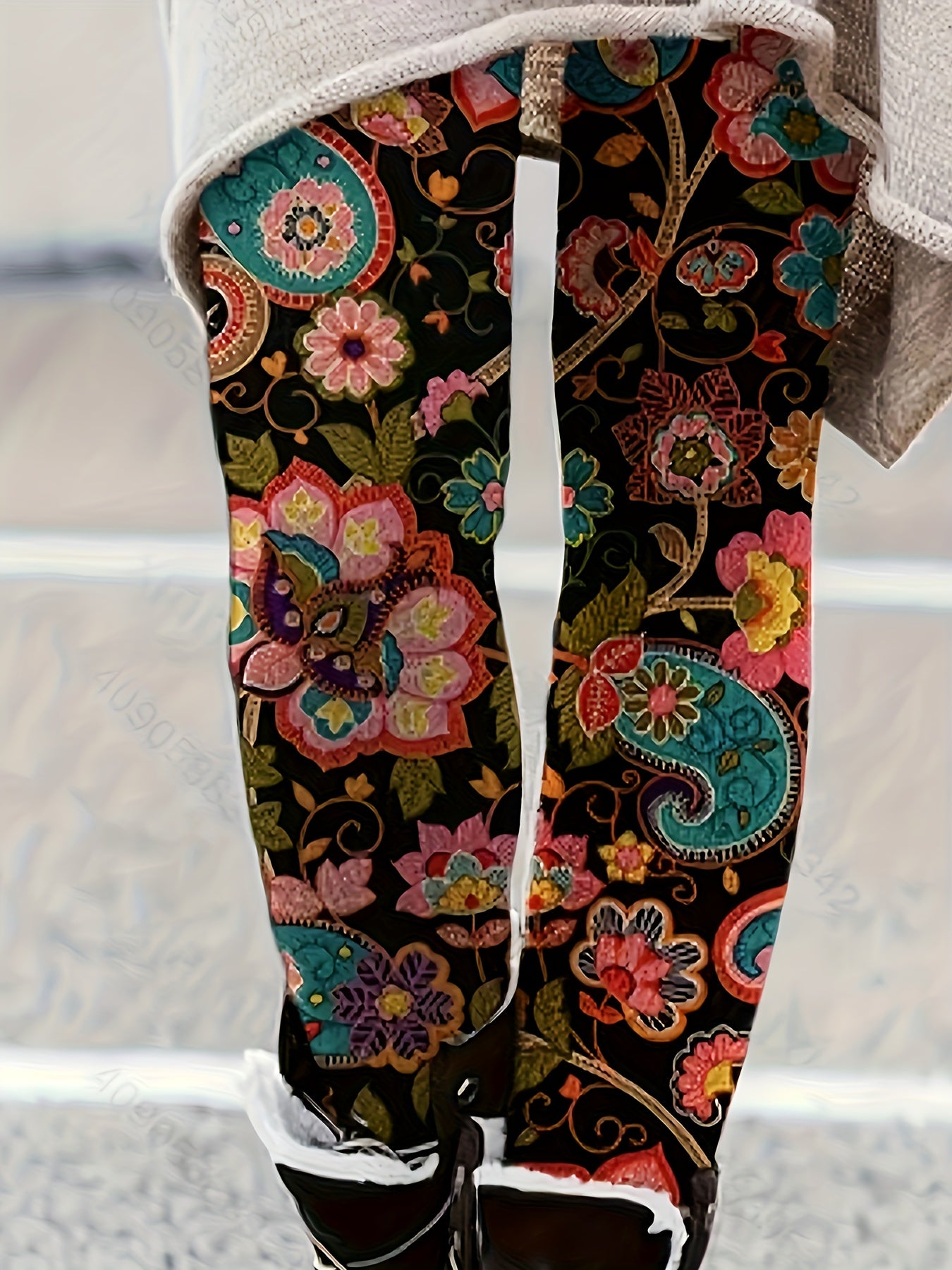  Ethnic Style Paisley Floral Print High Rise Leggings