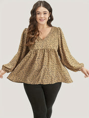  Blouse Women's Plus Ditsy Floral Print Lantern Sleeve V Neck Peplum