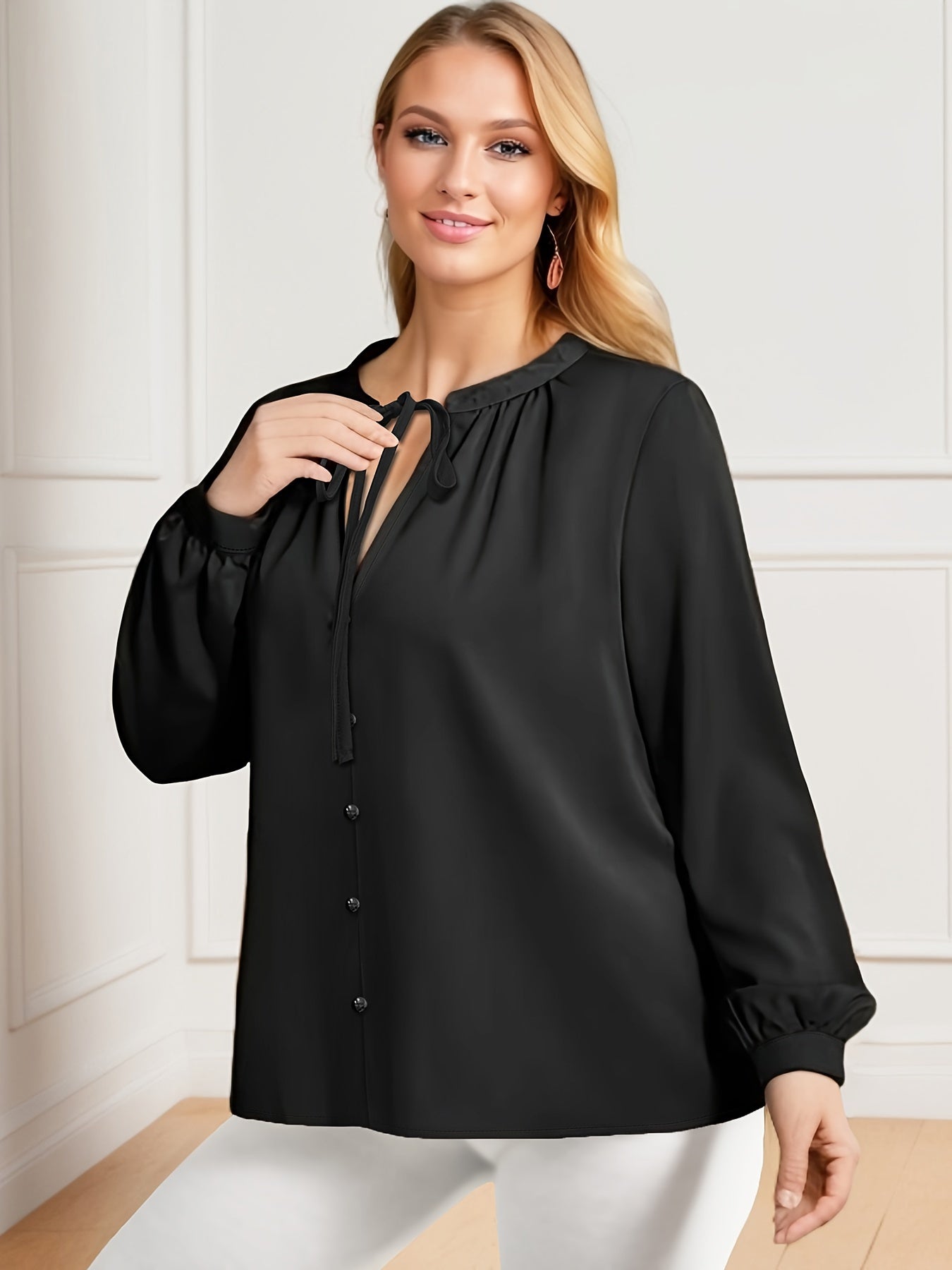  Casual Blouse Women's Plus Solid Lantern Sleeve Tie Front V Neck