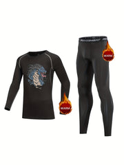 2pcs Kids Fleece Lined Compression Base Set Monster Print Long Sleeve & Leggings
