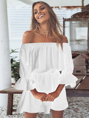 Off Shoulder Lantern Sleeve Dress Casual Summer Pleated Mini Dress