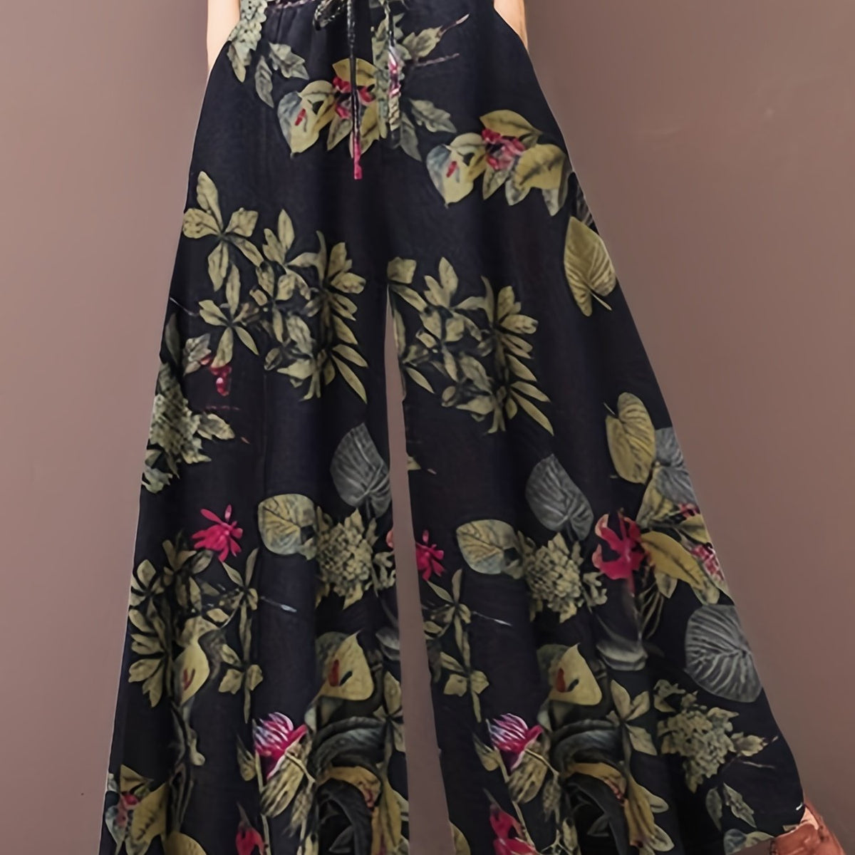  Pants Women's Plus Floral Print Elastic Drawstring Wide Leg Pants