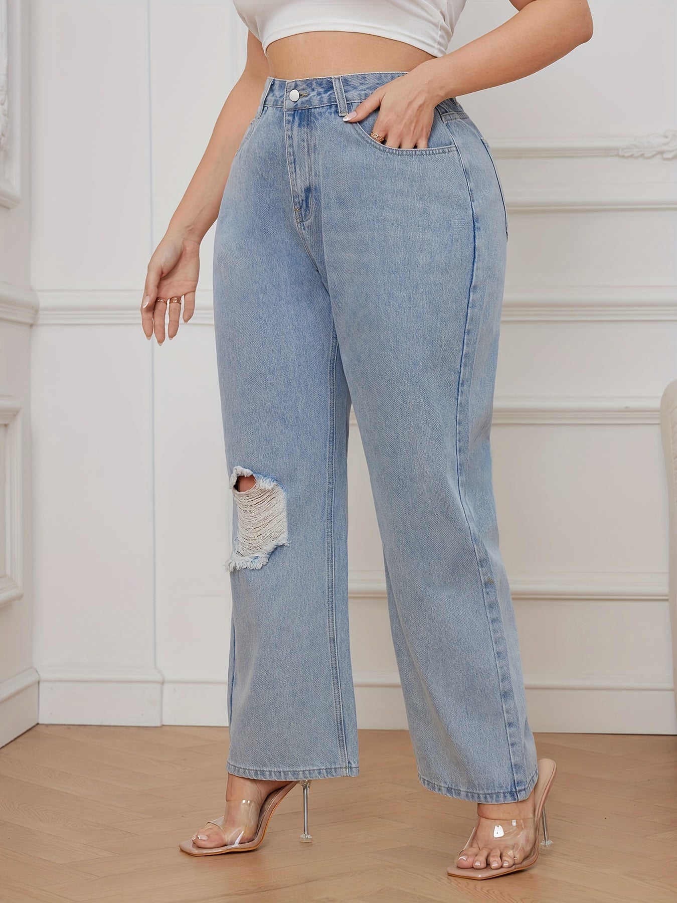  Ripped High Rise Straight Leg Jeans