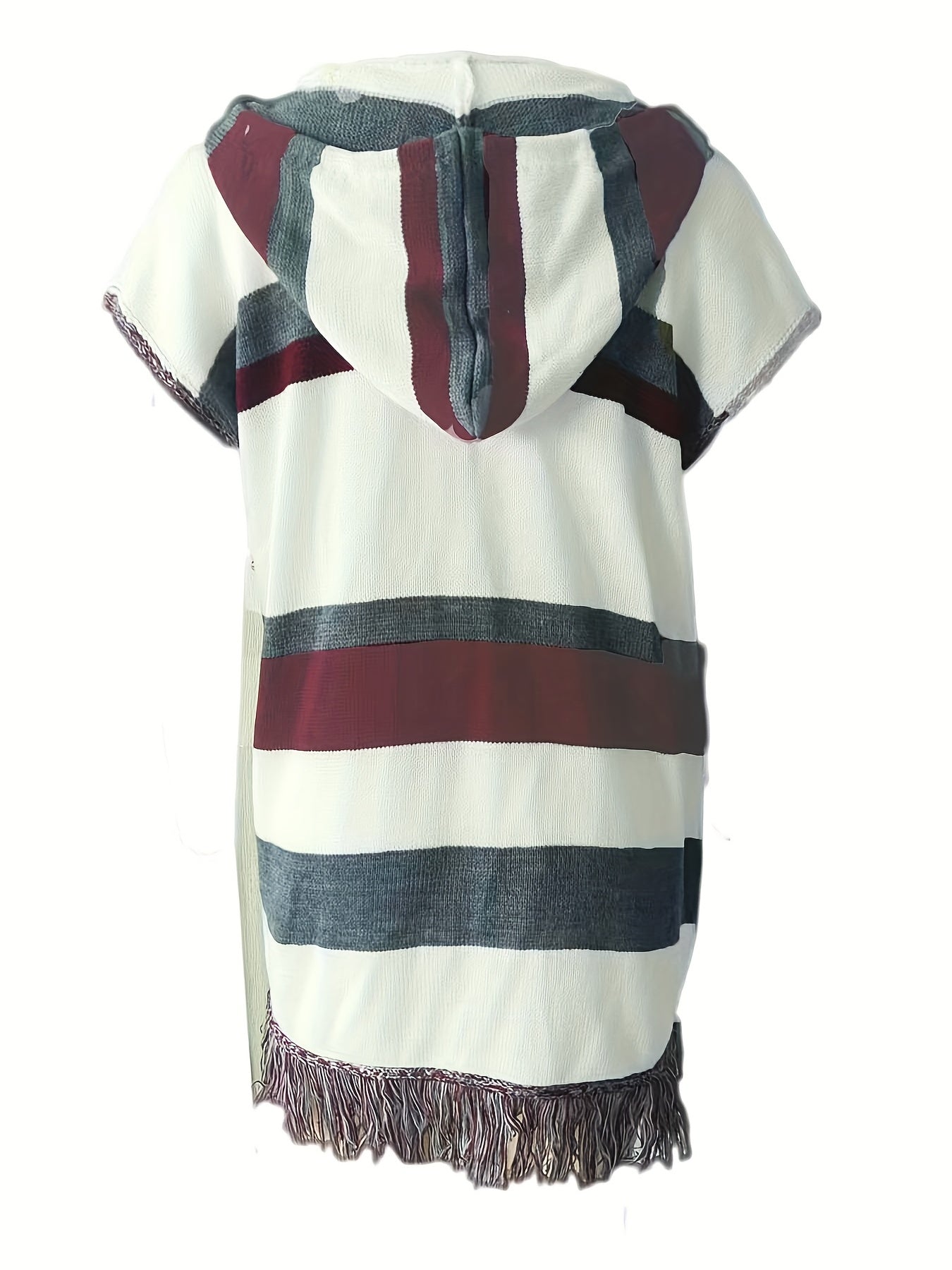  Colorblock Tassel Drawstring Fringe Trim Open Front Hoodie