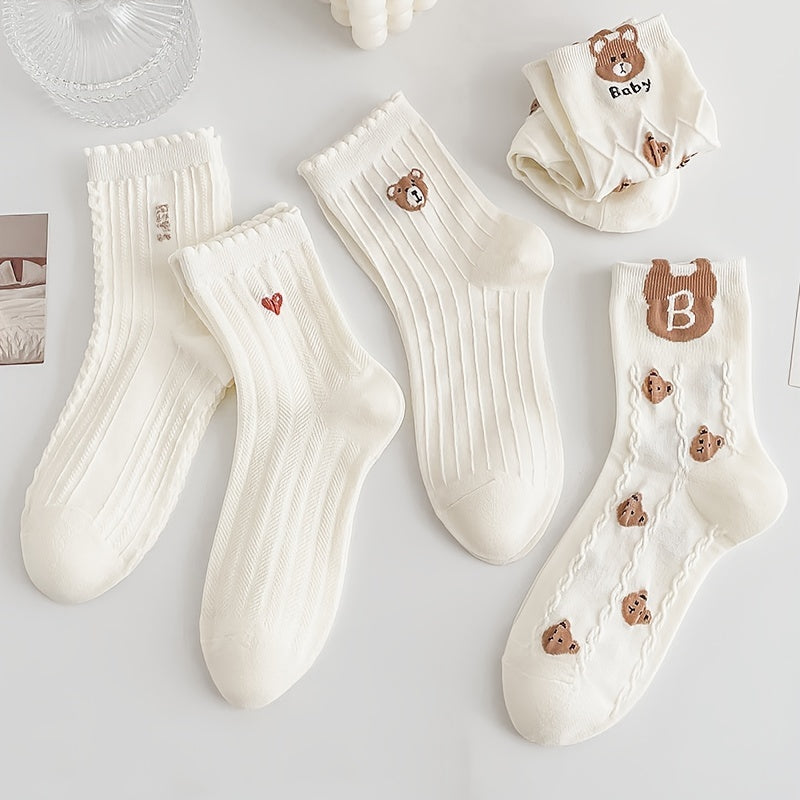 5 Pairs Cartoon Bear Print Socks & Mid Tube Stockings