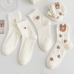 5 Pairs Cartoon Bear Print Socks & Mid Tube Stockings
