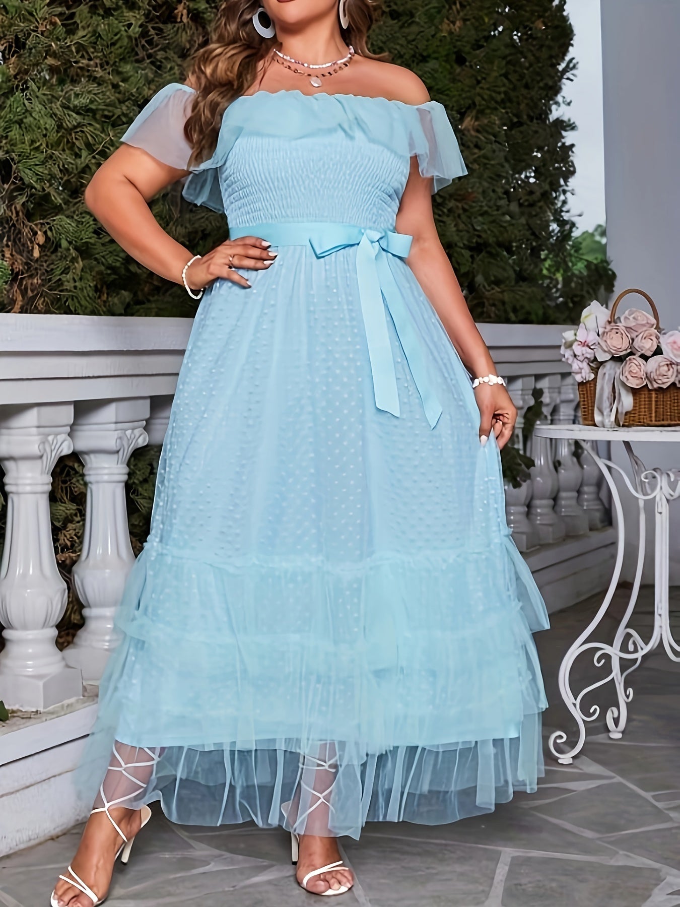 Polka Dot Mesh Off Shoulder Ruffle Trim Maxi Dress