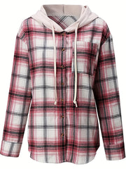  Plaid Print Button Up Long Sleeve Drawstring Hooded Shacket