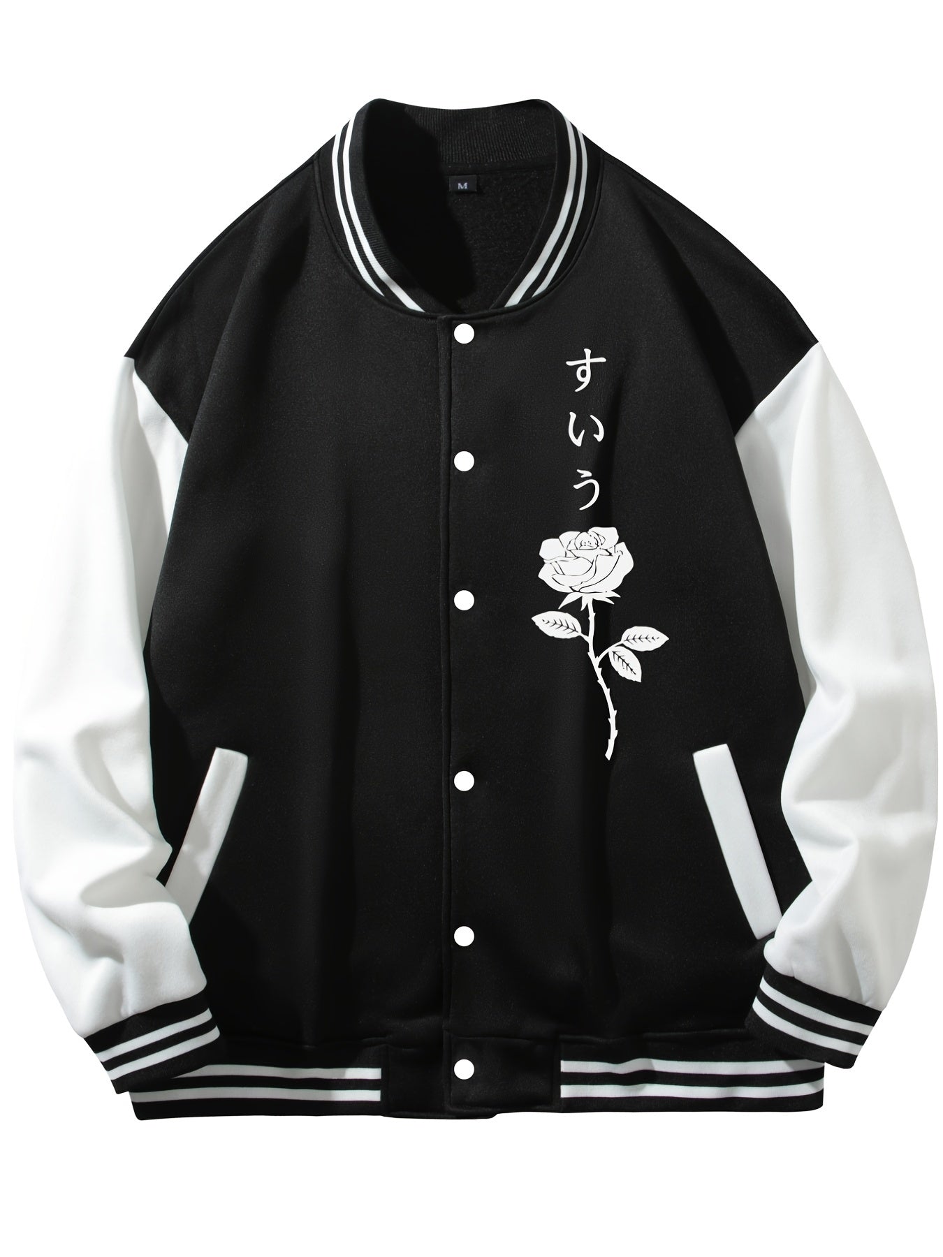 Rose Pattern Embroidery Varsity Jacket Men's Casual Block Button Up Jacket