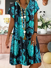  Women's Floral Print Short Sleeve V Neck Dress
