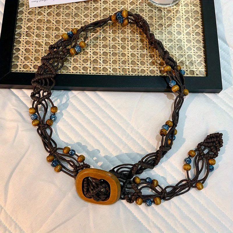 Boho Braided Belt with Vintage Wood Beads