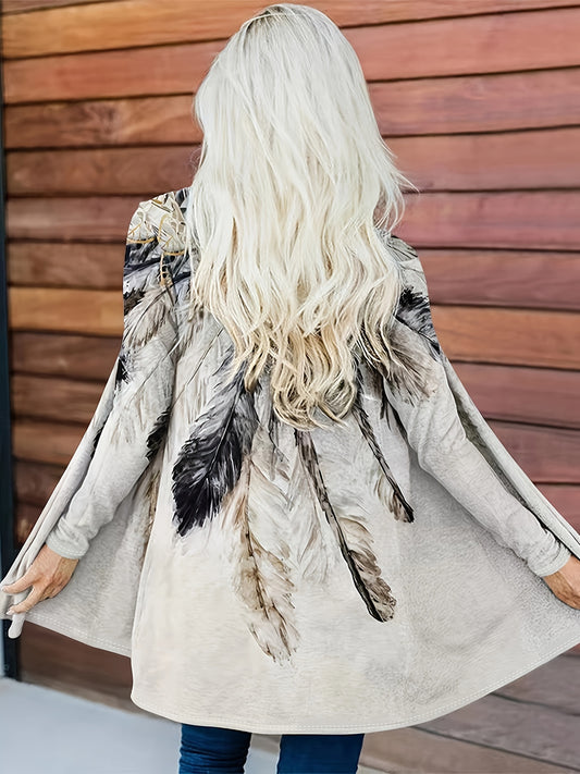  Feather Print Long Sleeve Cardigan