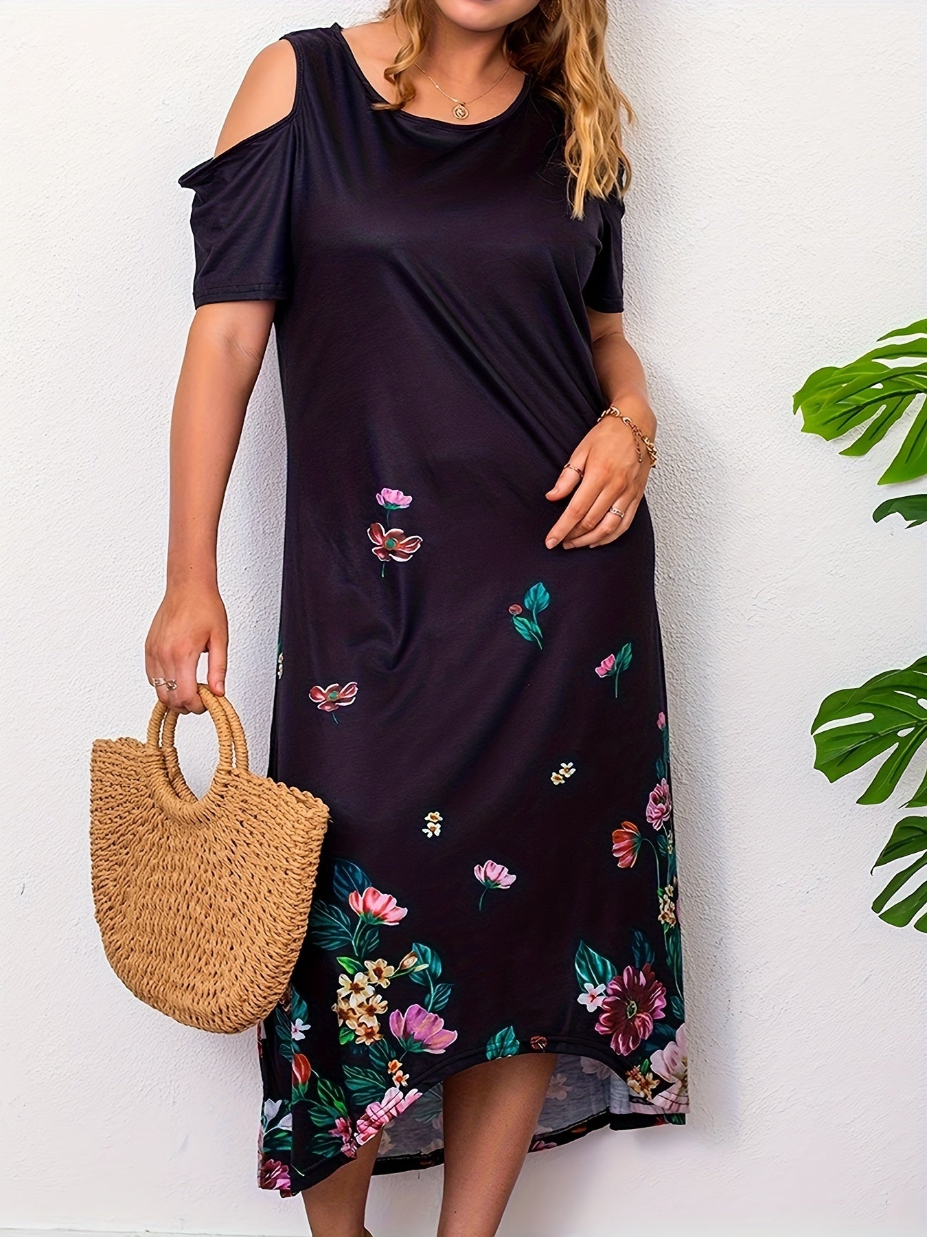  Casual Dress Women's Plus Border Floral Print Cold Shoulder