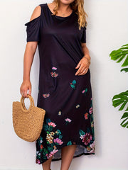  Casual Dress Women's Plus Border Floral Print Cold Shoulder