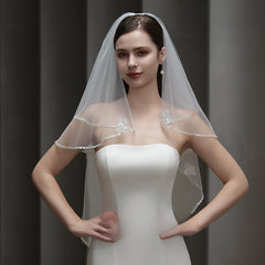 Princess Style Sheer Tulle Bridal Veil with Floral Embellishments