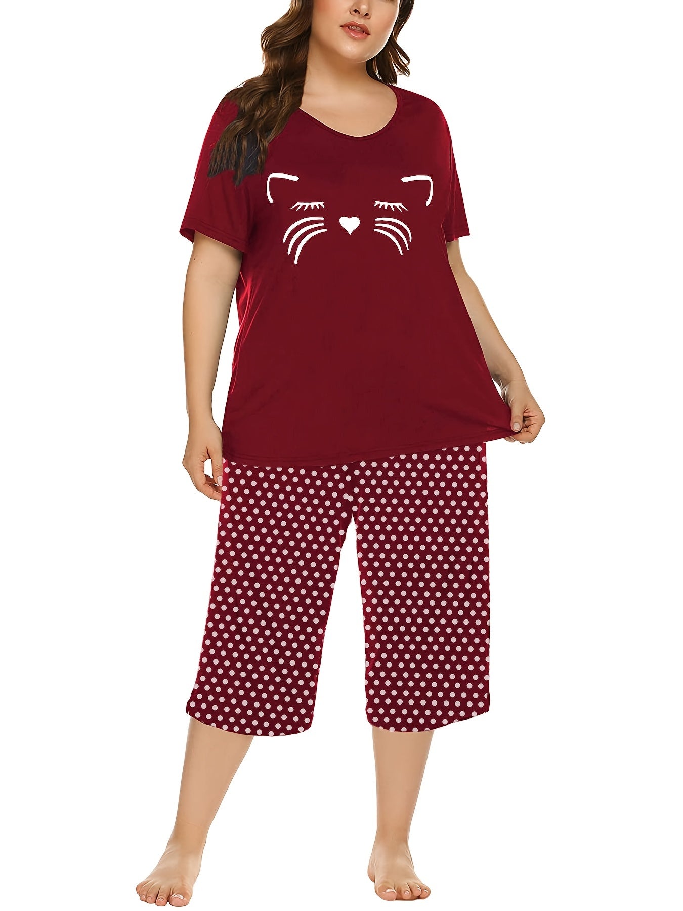  Kitten Print Pajamas Set Soft Short Sleeve T shirt & Shorts 2pcs Set
