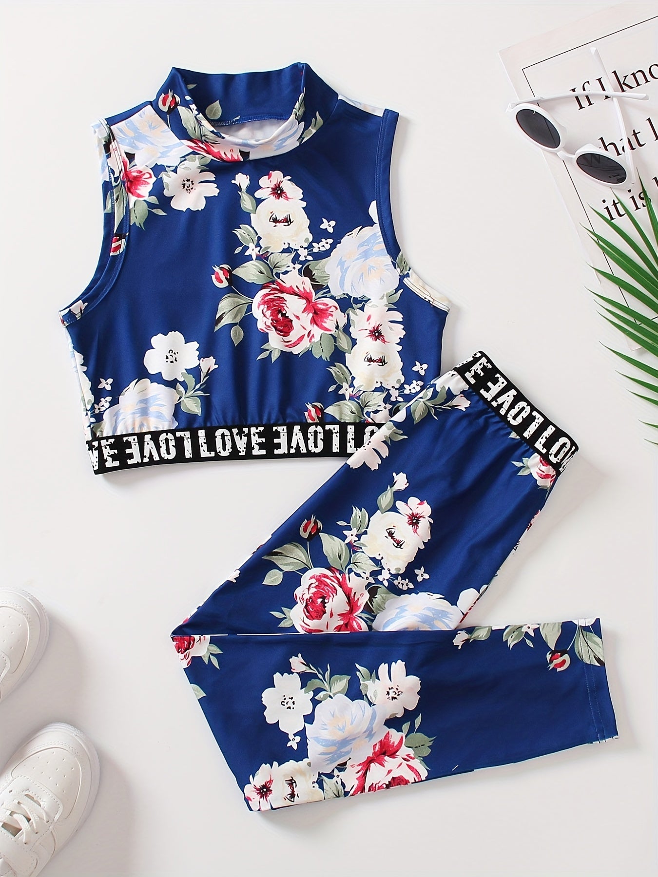 Girl's Boho Tropical Print Tank Top & Pants Set