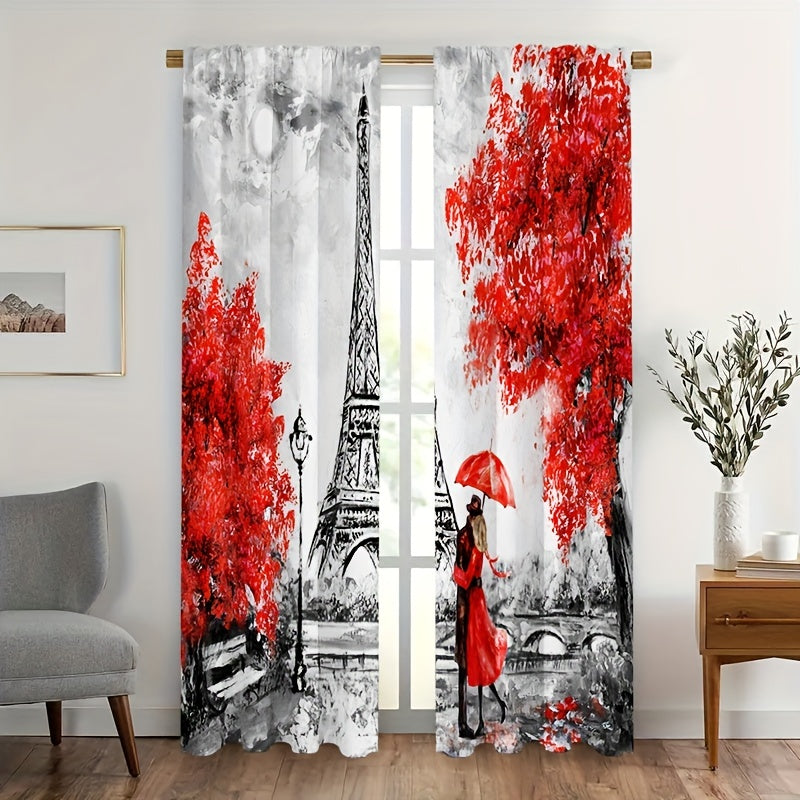 2pcs Eiffel Tower Curtains Rod Pocket Semi Blackout Window Curtains