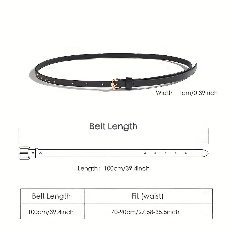 3pcs Thin PU Belt Rivet Decor Solid Belt Square Pin Buckle Belt Casual Girdle