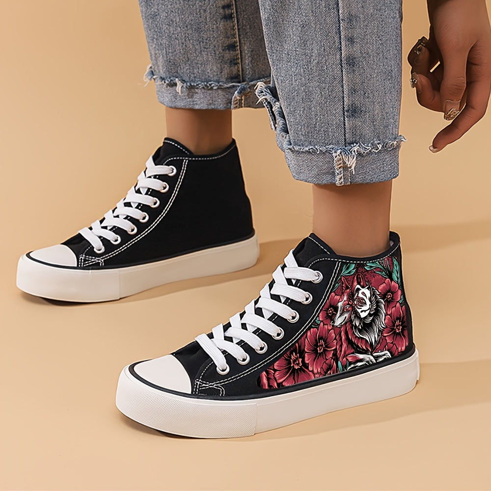 Flower Print Chunky Canvas Sneakers High Top Skate Shoes