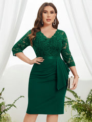  Lace Sleeve V-Neck Ruffle Trim Midi Dress