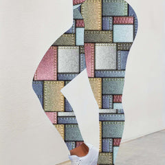  Colorblock Denim Print High Rise Leggings