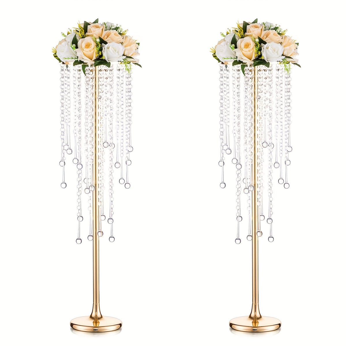 2pcs Tall Golden Flower Vases Crystal Centerpiece