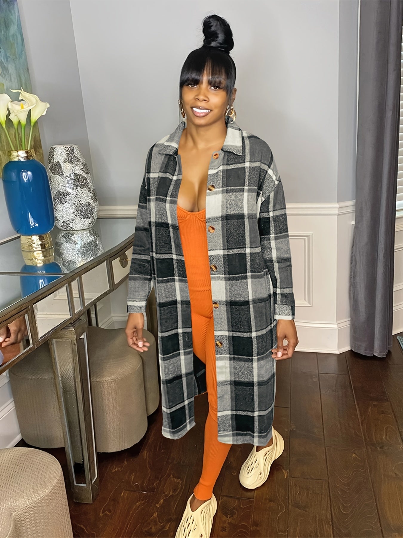 Oversized Plaid Shirt Jacket Long Sleeve Button Up Casual Shacket