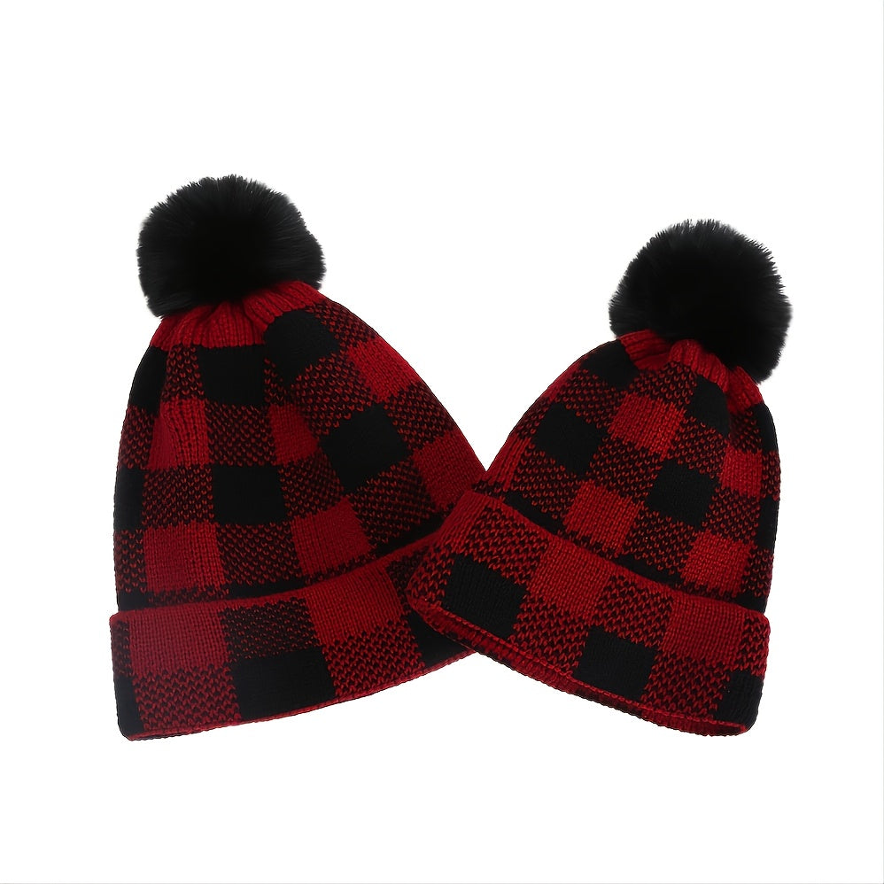 Red & Plaid Christmas Pom Pom Hat Set