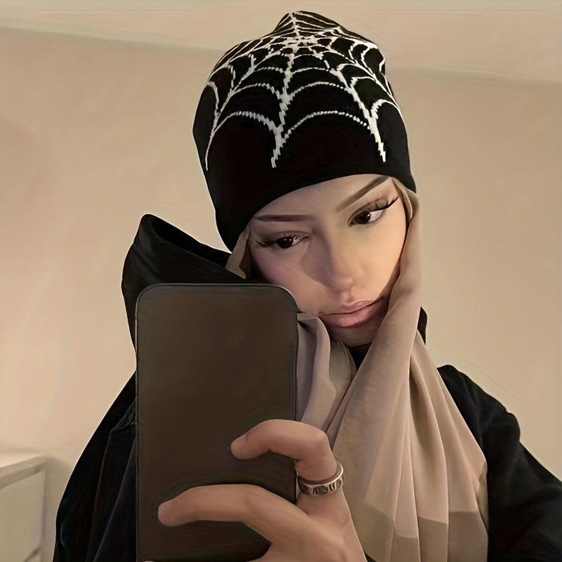 Y2K Gothic Spider Web Jacquard Skull Cap Unisex Warm Knit Hat
