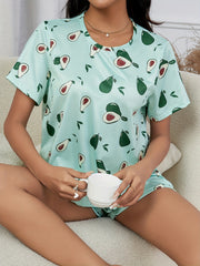 Avocado Print Pajama Set Short Sleeve Crew Neck Top & Elastic Waistband Shorts