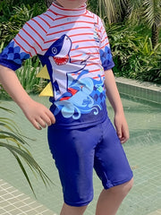 2pcs Boys Teen Shark Graphic Tshirt & Shorts Swimsuit For Summer Holiday