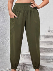  Solid Shirred Waist Jogger Trousers With Pockets