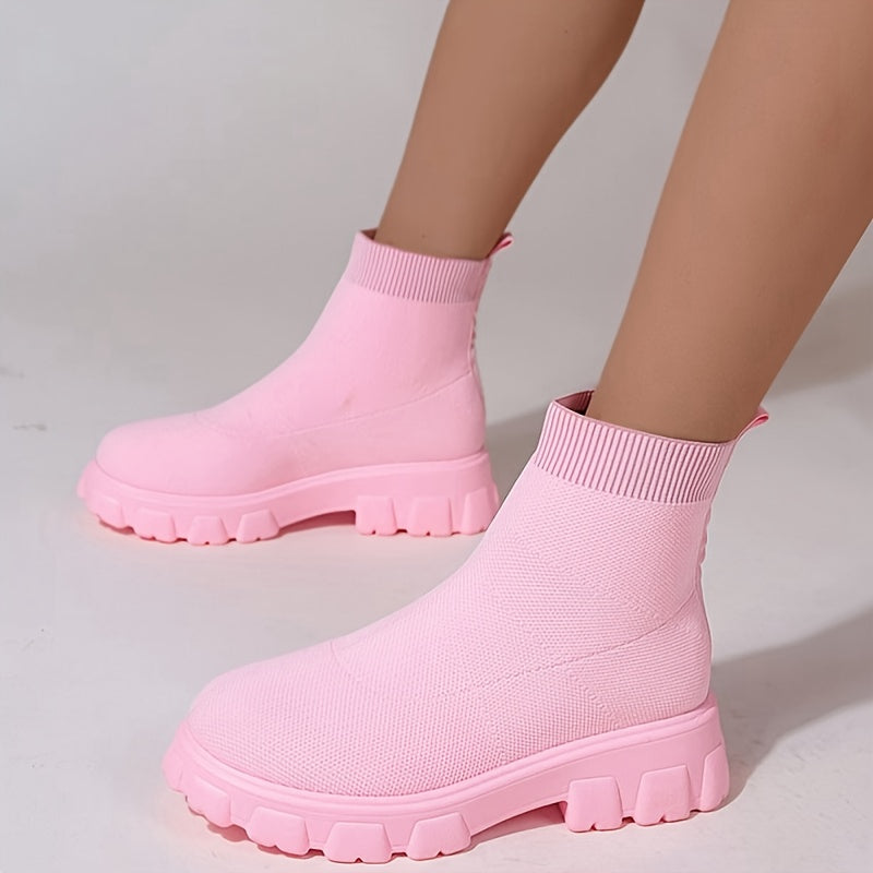 Women's Knitted Ankle Boots Solid Round Toe Slip on Boots