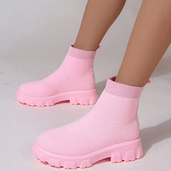 Women's Knitted Ankle Boots Solid Round Toe Slip on Boots